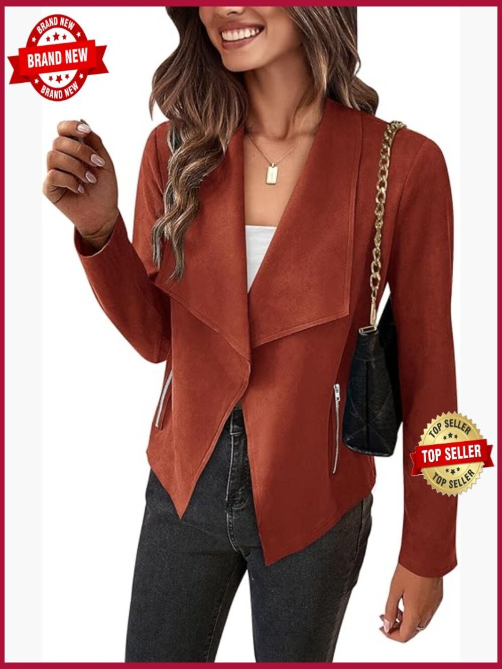Open Front Faux Suede Cropped Coat Long Sleeve Jacket with Pockets